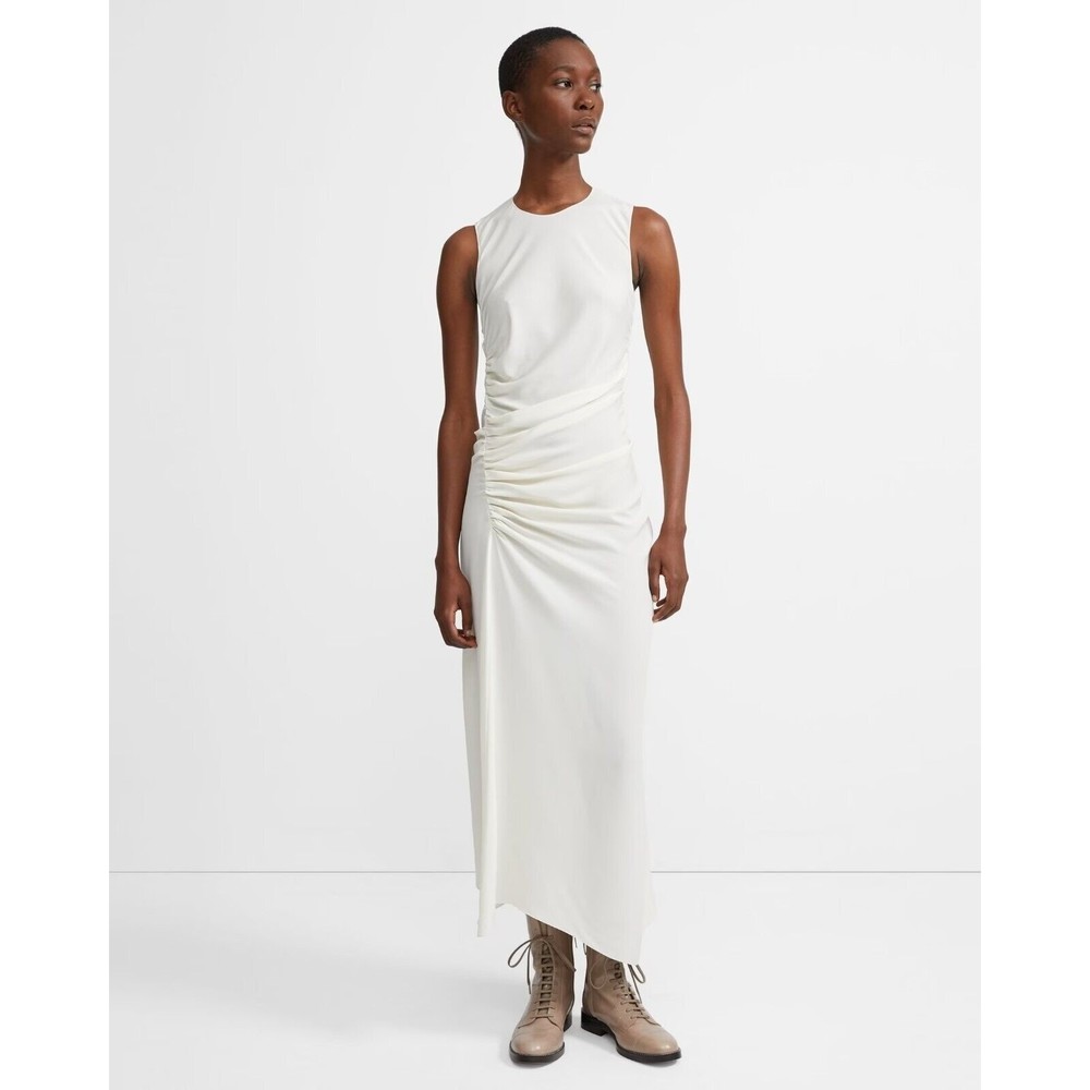 Theory Women's Crew Neck Sleeveless Twisted Shift Dress Tan Stretch Silk Size 2